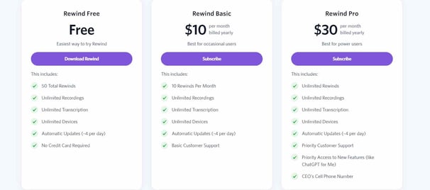a pricing page for a website rewindai that has been designed to look like a website