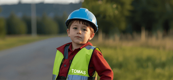 vaikas su sveisa atspindincia liemene ant kurios parasytas vardas Tomas