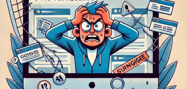 a man with a computer screen showing a cartoonish illustration of a man with a