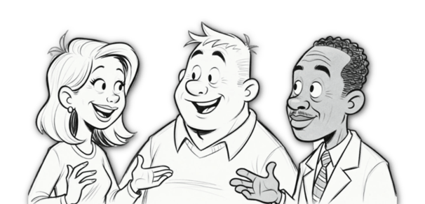 Three adult learners are sharing their excited learning experiences.