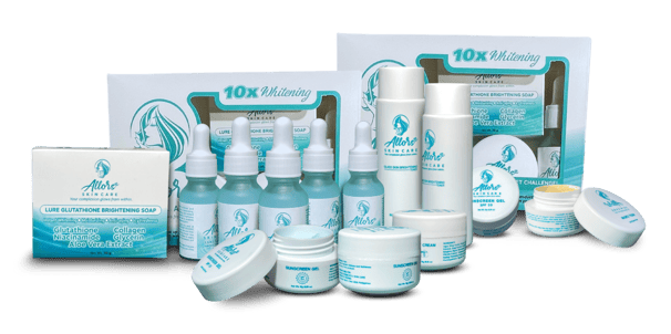 Allors skincare products including soaps, serums, and creams for brightening and skin care.