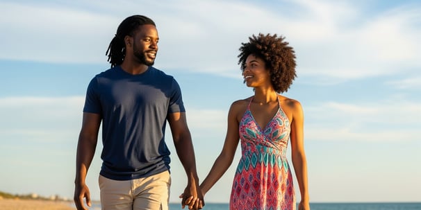 man woman walking beach