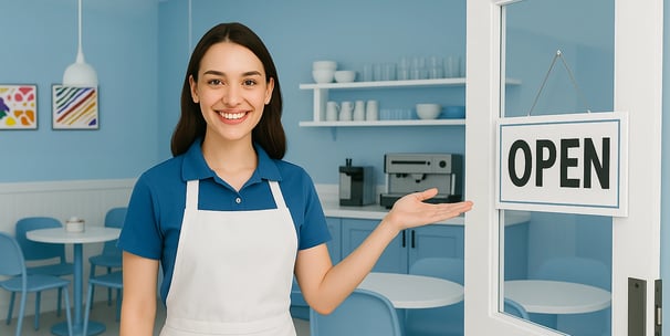 Smiling café employee in blue and white welcoming customers at bright modern coffee shop entrance.