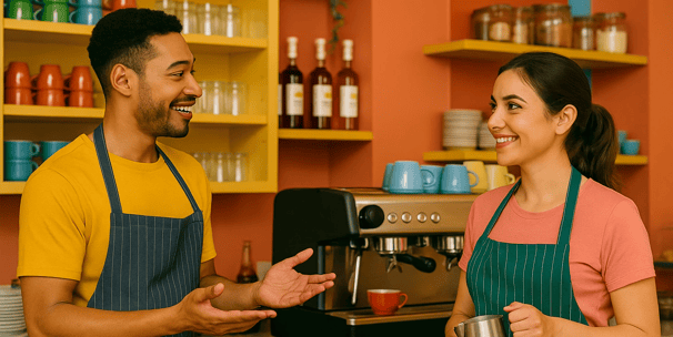 Baristas smiling and talking while preparing drinks behind a colorful, modern café counter.
