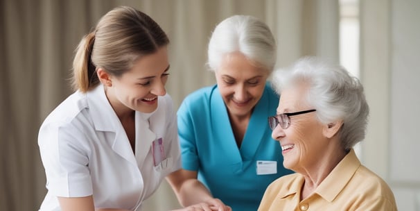 An elderly couple is smiling and holding hands outdoors. One is seated on a mobility aid, wearing a beige sweater and dark pants. The other stands wearing a blue shirt and green trousers. They are in front of a brick building adorned with flowering vines and surrounded by lush greenery.
