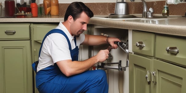 A man wearing a blue cap is working in a utility room, handling electrical wiring and a control panel. He stands on a step stool, focusing intently on the task. The background features various pipes, electrical conduits, and panels.