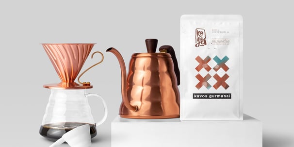scene of a coffee pot and coffee bag, copper color, modern design