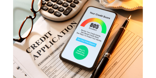 a cell phone with a calculator and glasses on it, credit repair services, improve credit score