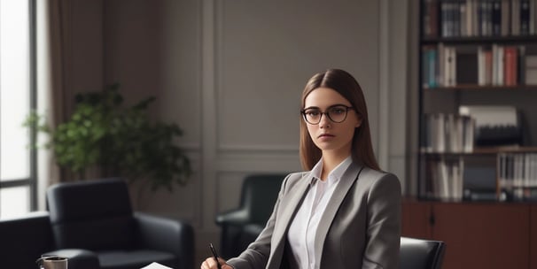 A professional consultation setting with a medical professional sitting at a desk facing a client. The room has a modern aesthetic with white walls decorated with framed certificates. The desk is organized with office supplies, a laptop, and a fruit bowl in the center.