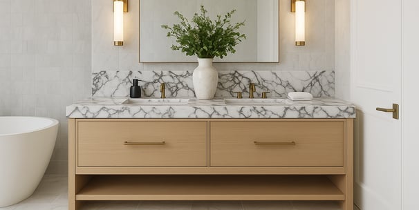 Custom double-sink vanity with marble top, wood cabinetry, and brass fixtures in London, Ontario.