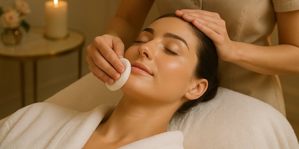 Uma mulher elegante recebendo um tratamento facial relaxante em um SPA de luxo. Sua pele é luminosa,