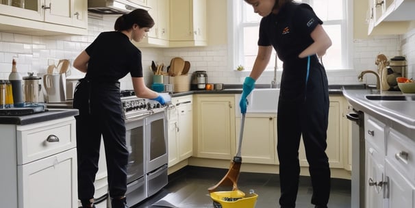 2 female house cleaners in a house cleaning a kitchen