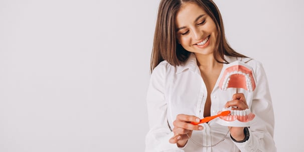 Démonstration de prévention avec un dentier pédagogique utilisé pour sensibiliser les patients