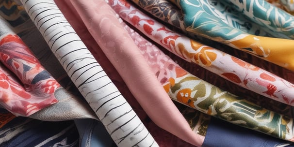 A collection of patterned and colorful fabrics is displayed, featuring geometric shapes, floral patterns, animal prints, and abstract designs. There are six distinct pieces of fabric shown, each with its own unique print and color palette.