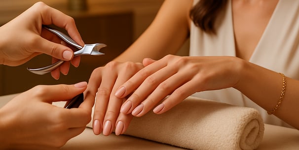 Uma mulher elegante recebendo cuidados de manicure em um salão de beleza de luxo. As mãos têm aparên