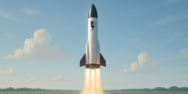 A rocket with the Hally logo taking off serenely