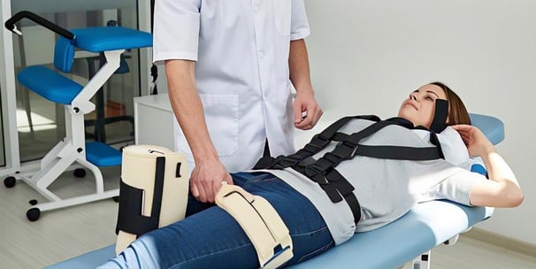orthopedic physiotherapy treatment with patient on traction bed for spine and joint pain relief.
