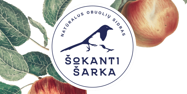 apple tree with ripe apples and a logotype with dark blue magpie