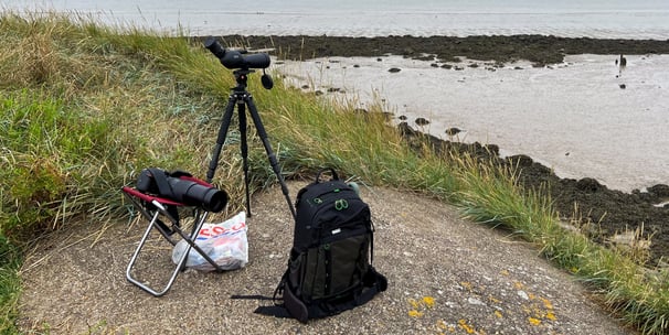 Essential urban birdwatching equipment at the Thames; camera, tripod, scope, bag, chair and lunch.