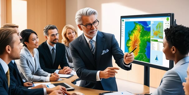 AI generated image of business people being given a course about GIS, GEOINT and Geospatial maps.