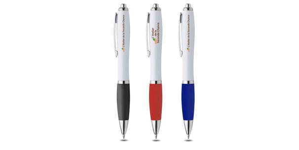 stylo à bille blanc avec embout en caoutchouc de couleur