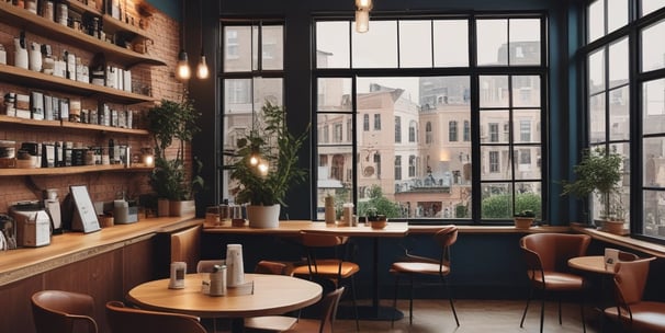A spacious room with a modern interior design features a stage where a person is giving a presentation. Large windows line the walls, allowing blue light to fill the space. Several large screens around the room display graphics. There are potted plants and chairs adding to the decor.