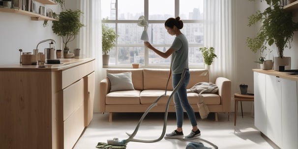 A collection of eco-friendly cleaning products and personal care items laid out on a flat surface. The composition includes bottles of cleaning sprays with silver metallic finishes, glass bottles of essential oils, wooden toothbrushes, a rectangular bar of natural soap, and various cleaning brushes with wooden handles. The arrangement is visually appealing, with shadows adding depth and texture.