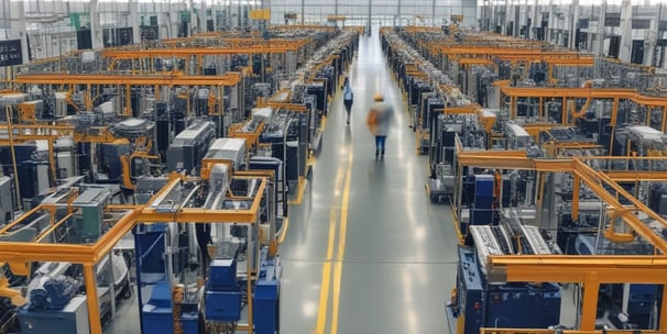 A manufacturing or industrial setting with machinery, including a control panel featuring a screen and keypad. The scene includes industrial lighting and parts of conveyor systems and structural pillars.