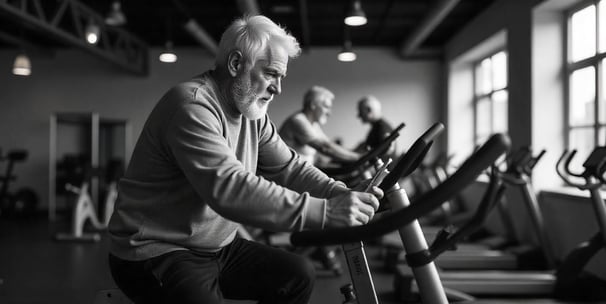 a man in a gym room with a woman on a bike