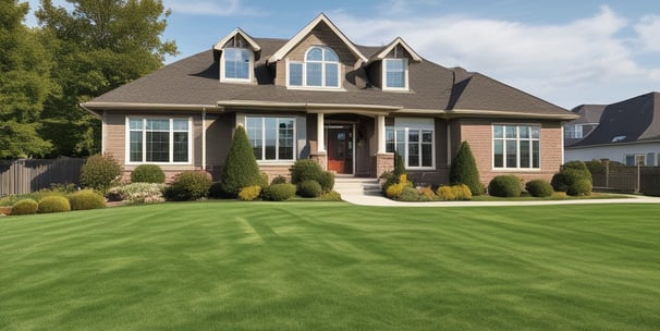 A lush garden landscape filled with vibrant greenery and a variety of trees and bushes. Tall evergreen trees stand prominently in the background, surrounded by shrubs and plants with varying shades of green and red foliage. The well-maintained lawn in the foreground is bright and evenly cut, creating a serene and inviting outdoor space.