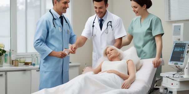 A group of nurses wearing traditional uniforms are gathered around a hospital bed in a clinical setting. One nurse appears to be changing linens or adjusting the bedding of a patient. A basin is placed on the floor, and there is a small table with medical tools and supplies nearby. The setting suggests a hospital or medical training environment from a previous era.