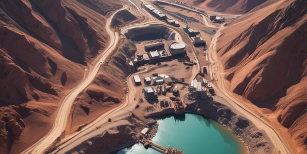 A large open-pit mine with a yellow excavator positioned at the center, surrounded by layered rock formations exhibiting varied shades of brown and gray. The broad expanse of the mining area showcases distinct strata and erosion patterns carved into the earth.
