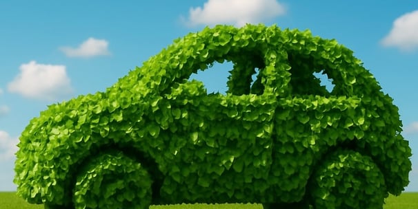 a Green car made out of leaves and leaves