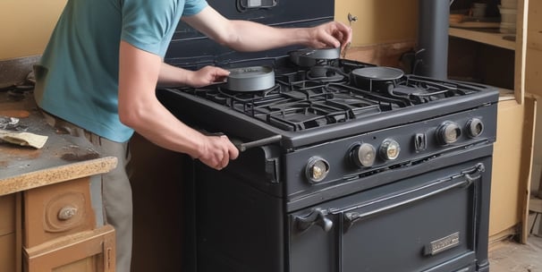 A person wearing red and black gloves is using a screwdriver to work on the underside of a metallic appliance. The appliance is mounted and has visible pipes connected to it. The person's forearm shows a tattoo.