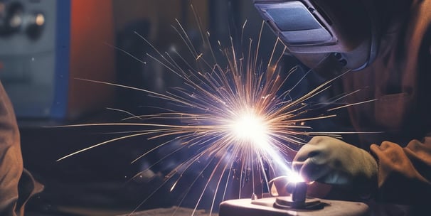 A person is welding a metal surface while wearing a protective welding helmet and glove. Bright sparks and faint smoke are visible as the welding rod makes contact with the metal.