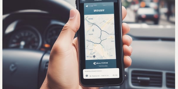A hand holding a smartphone displaying the Uber logo on its screen. The background appears softly blurred, providing a contrast to the sharp focus on the phone. The hand is wearing a long-sleeved, checkered shirt.