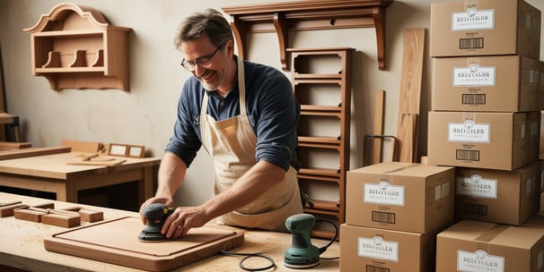 A woodworker crafting a cutting board, with finished products ready for sale
