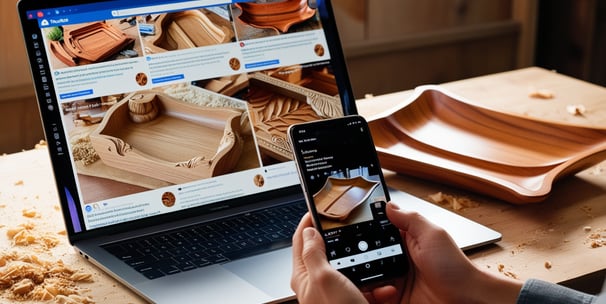 A social media feed and website promoting wooden crafts.
