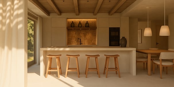 Design intérieur d'une cuisine intemporelle, authentique, méditerranéenne