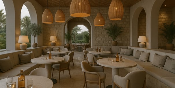 Aménagement intérieur d'une salle de restaurant, chaleureux, épurée