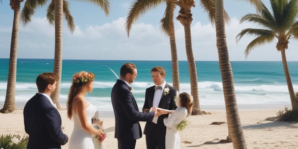 A man in formal attire is solemnizing the marriage of a couple on a beach with palm trees.