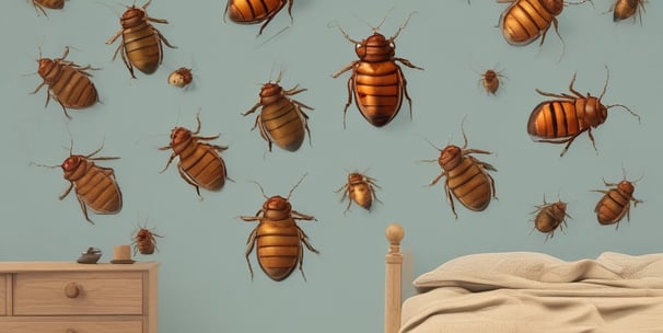 A large cockroach is positioned on a textured wall. The insect is prominently visible, showing detailed features such as long antennae, six legs, and a glossy, dark brown exoskeleton.