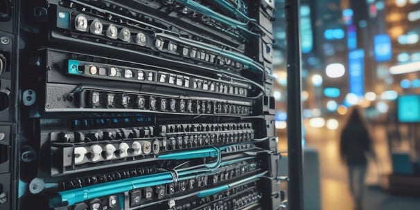 A dimly lit server rack filled with network equipment. Multiple colored cables, predominantly red, blue, and black, are neatly organized and connected to various devices such as switches and routers. Small LED lights on the equipment indicate active connections.