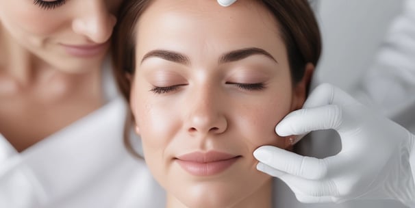 A person is lying on a massage table, covered with a dark towel, receiving a face massage. The massage therapist's hands are gently pressing on the person's forehead and eyes. The environment appears calm and relaxing.