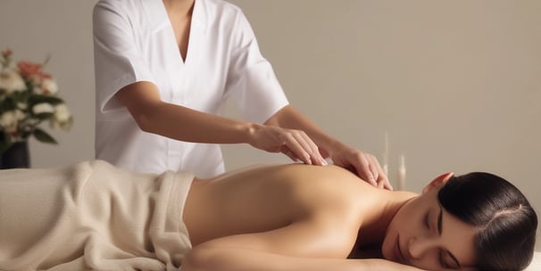 A person is lying on a massage table, covered with a dark towel, receiving a face massage. The massage therapist's hands are gently pressing on the person's forehead and eyes. The environment appears calm and relaxing.