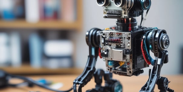 A detailed robotic figure stands on a wooden surface. The robot features intricate metallic components, including articulated arms and legs, and a complex head design with visible mechanics. Its overall aesthetic is metallic, with a prominent gray and silver color scheme accented with darker and lighter shades. The robot appears poised and ready for action, with one arm equipped with a circular saw-like mechanism.