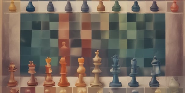 A detailed figurine resembling a knight chess piece is positioned on a red and black checkered board. The figure has intricate carvings and appears to be made of a light-colored material. In the background, additional blurred chess pieces are visible.