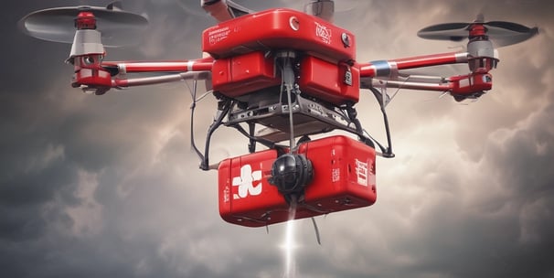 A drone is flying in the air with its rotors clearly visible. It appears to be metallic with a sleek, modern design. The background is blurred, suggesting the photo was taken with a wide aperture, emphasizing the drone as the focal point.