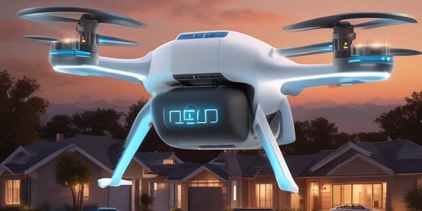 A drone with a sleek, modern design hovers in the air against a backdrop of lush green foliage. It has four rotors, each emitting a soft blur from the rapid movement. Two small lights on the front arms emit a soft red glow, possibly for navigation or signaling.