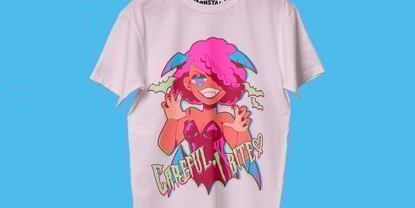 a t - shirt with a pink and purple graphic of a girl with a pink